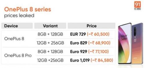 Цены на OnePlus 8 и 8 Pro появились в утечке накануне запуска 14 апреля