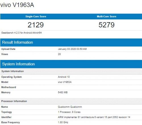 В списке Vivo V1963A Geekbench представлены Snapdragon 765G SoC и Android 10