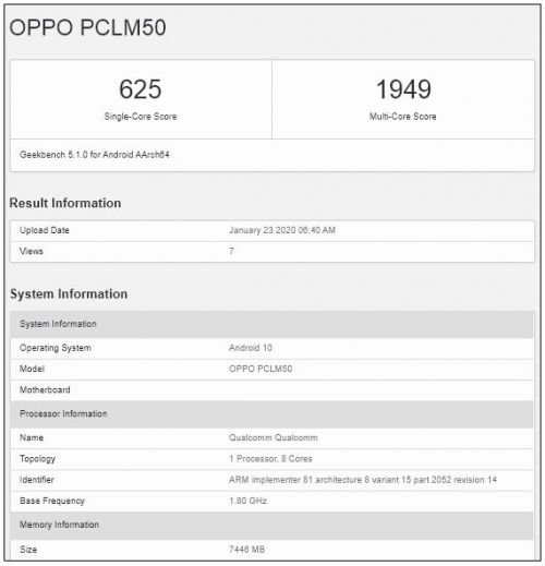 OPPO PCLM50, предположительно новая версия Reno3 5G, появится на GeekBench