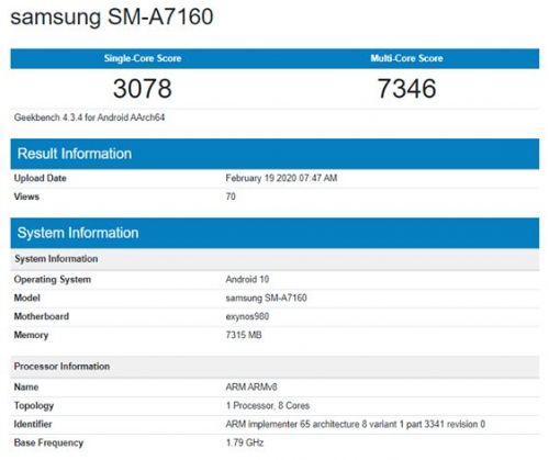 Samsung Galaxy A71 5G замечен на Geekbench с Exynos 980 Soc