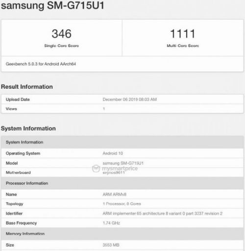 Смартфон Samsung SM-G715U1 с чипом Exynos 961 замечен в бенчмарке 