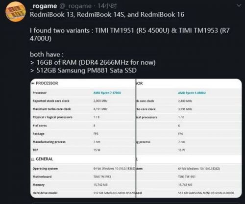 Основные характеристики двух вариантов грядущего RedmiBook на базе Ryzen