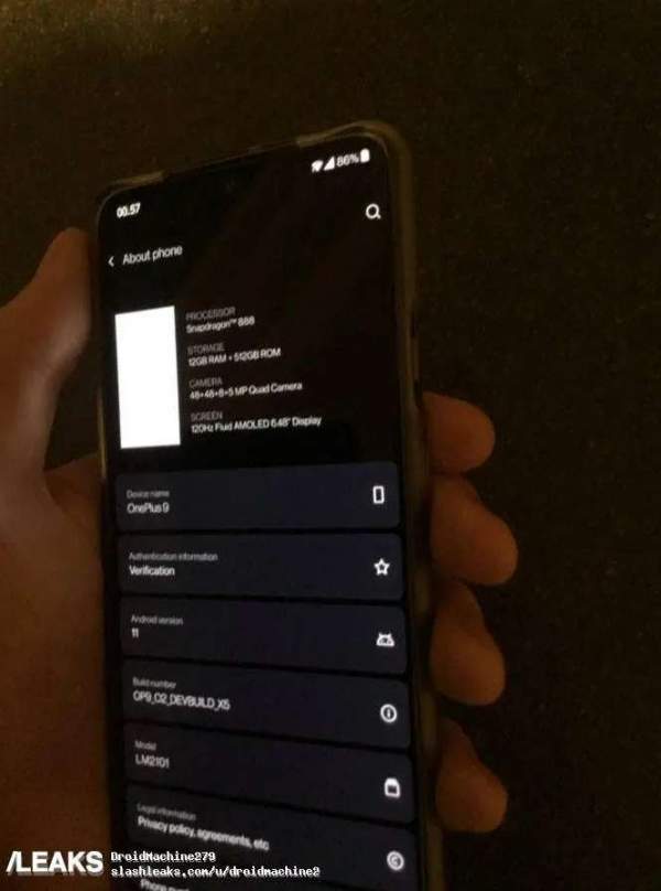 Первое живое фото раскрывает характеристики смартфона OnePlus 9